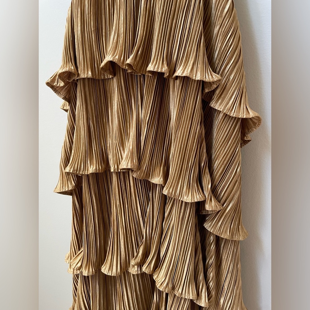 Lulu’s Gold Satin Formal Tiered Lace Up Maxi Dress - Picture 7 of 15
